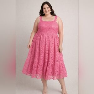 Arula Pink Lace Dress Plus Size Romantic Fit & Flare Midi